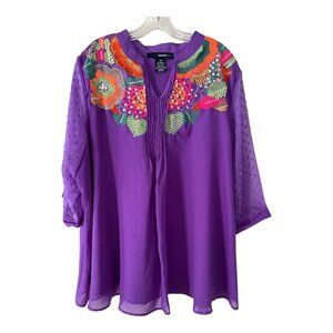 Denim 24/7 Women’s 24W Purple Tunic Blouse – Embroidered Yoke, Sheer Sleeves, Bo